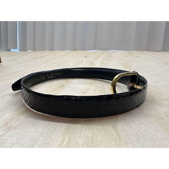 Macys Genuine Snake Skin Skinny Black Belt Large Brass Buckle - Picture 1 of 6